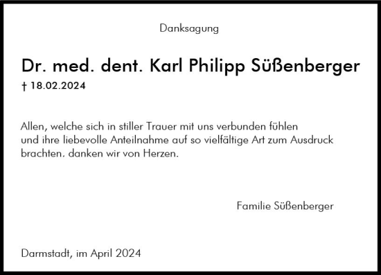 Traueranzeige von Karl Philipp Süßenberger von Darmstädter Echo