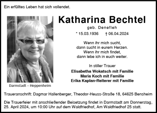 Traueranzeige von Katharina Bechtel von Bergsträßer Anzeiger