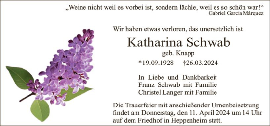 Traueranzeige von Katharina Schwab von Starkenburger Echo