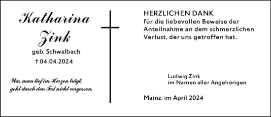Traueranzeige von Katharina Zink von Allgemeine Zeitung Mainz