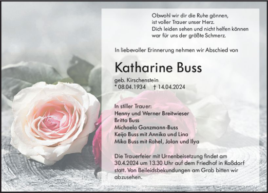 Traueranzeige von Katharine Buss von Darmstädter Echo
