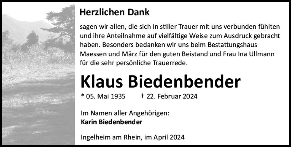  Traueranzeige für Klaus Biedenbender vom 20.04.2024 aus Allgemeine Zeitung Bingen/Ingelheim
