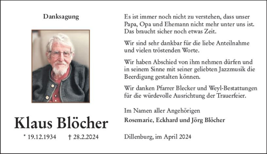 Traueranzeige von Klaus Blöcher von Dill Block