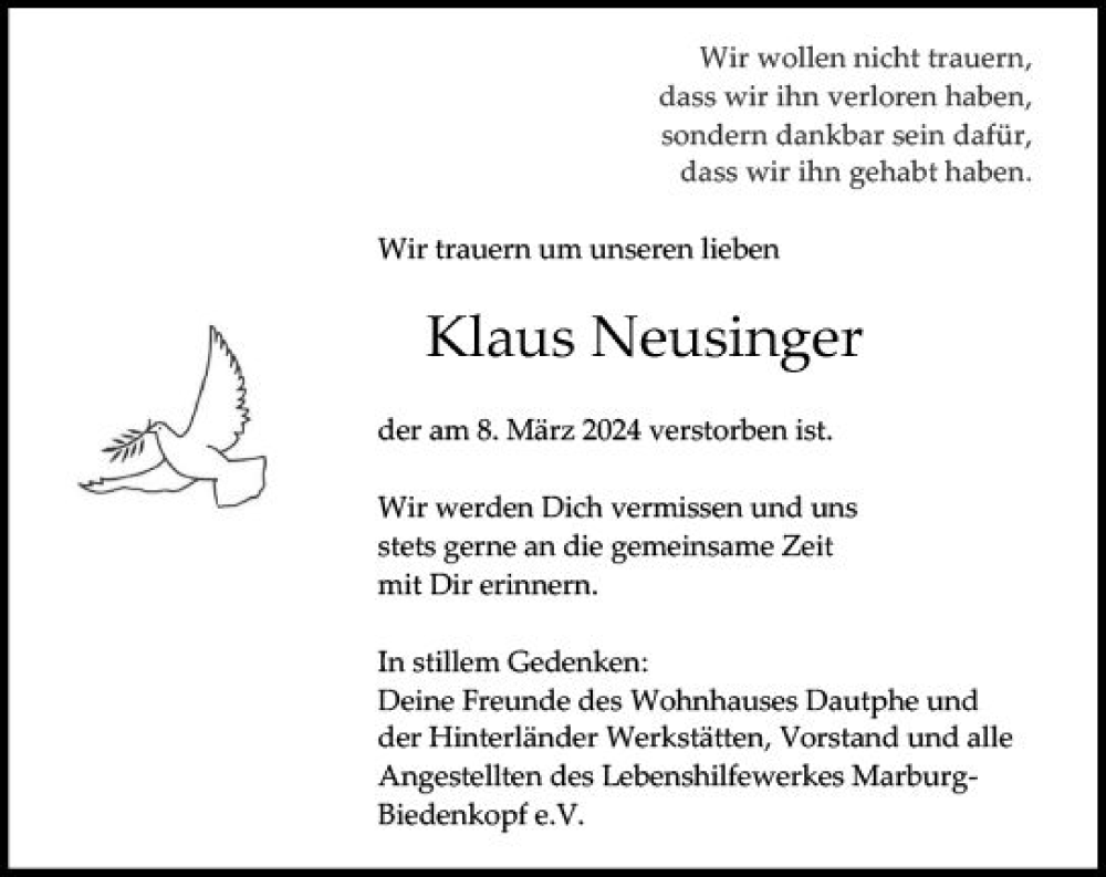  Traueranzeige für Klaus Neusinger vom 05.04.2024 aus Hinterländer Anzeiger
