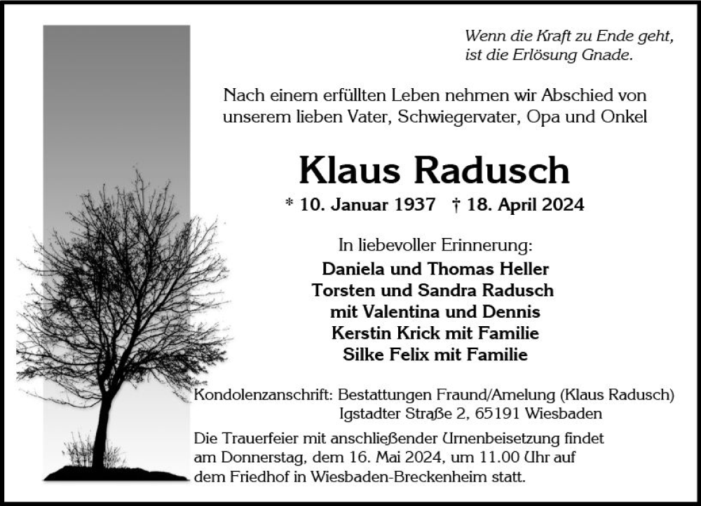  Traueranzeige für Klaus Radusch vom 27.04.2024 aus Wiesbadener Kurier