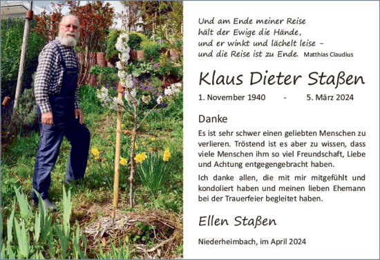 Traueranzeige von Klaus Dieter Staßen von Allgemeine Zeitung Bingen/Ingelheim