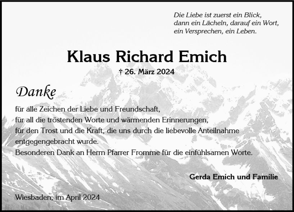  Traueranzeige für Klaus Richard Emich vom 20.04.2024 aus Wiesbadener Kurier