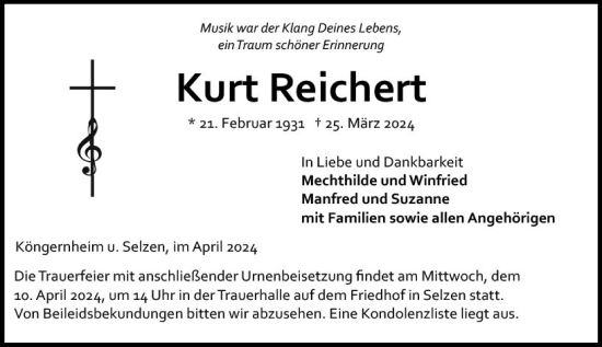 Traueranzeige von Kurt Reichert von Allgemeine Zeitung Mainz
