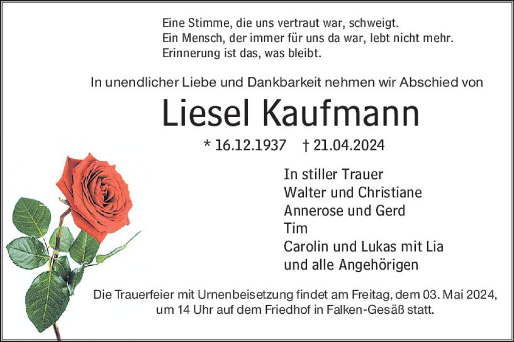  Traueranzeige für Liesel Kaufmann vom 27.04.2024 aus Odenwälder Echo