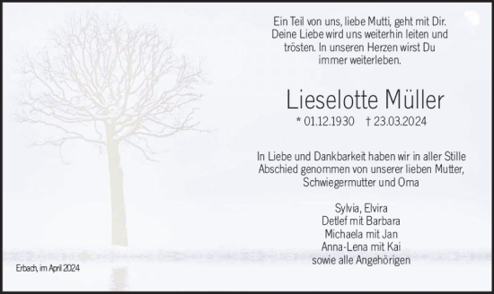 Traueranzeige von Lieselotte Müller von Odenwälder Echo
