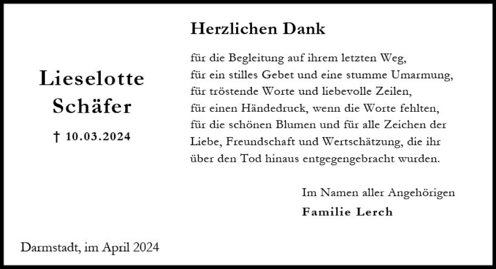  Traueranzeige für Lieselotte Schäfer vom 06.04.2024 aus Darmstädter Echo