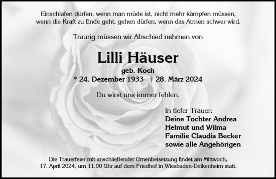Traueranzeige von Lilli Häuser von Wiesbadener Kurier