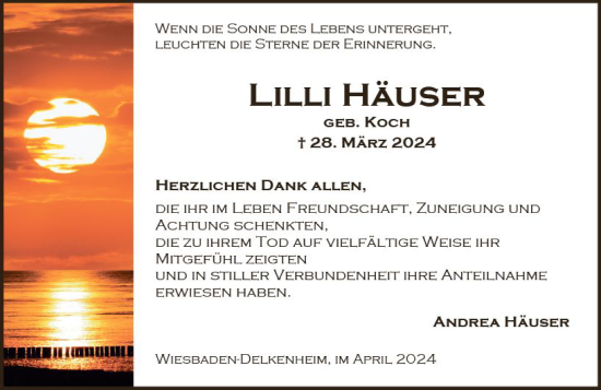 Traueranzeige von Lilli Häuser von Wiesbadener Kurier