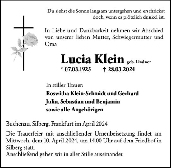 Traueranzeige von Lucia Klein von Hinterländer Anzeiger