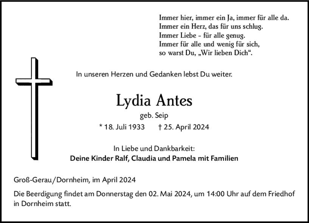  Traueranzeige für Lydia Antes vom 30.04.2024 aus Groß-Gerauer Echo