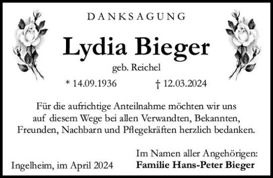 Traueranzeige von Lydia Bieger von Allgemeine Zeitung Bingen/Ingelheim