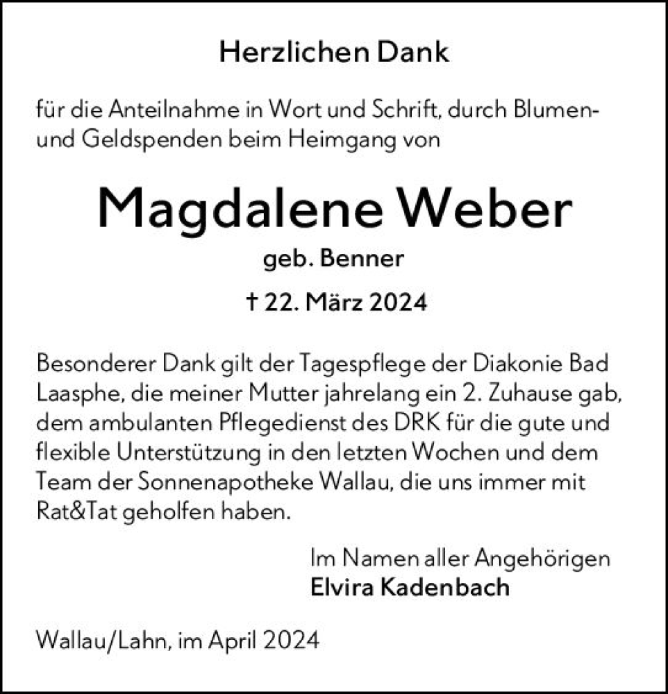  Traueranzeige für Magdalene Weber vom 13.04.2024 aus Hinterländer Anzeiger
