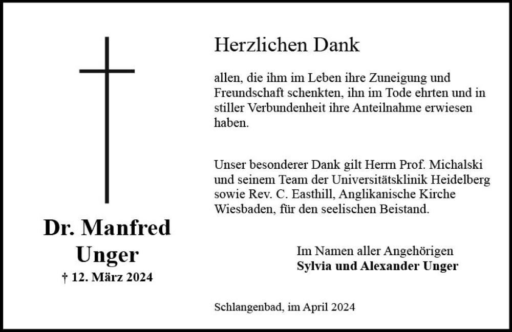  Traueranzeige für Manfred Unger vom 13.04.2024 aus Wiesbadener Kurier