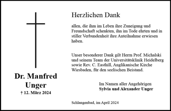 Traueranzeige von Manfred Unger von Wiesbadener Kurier