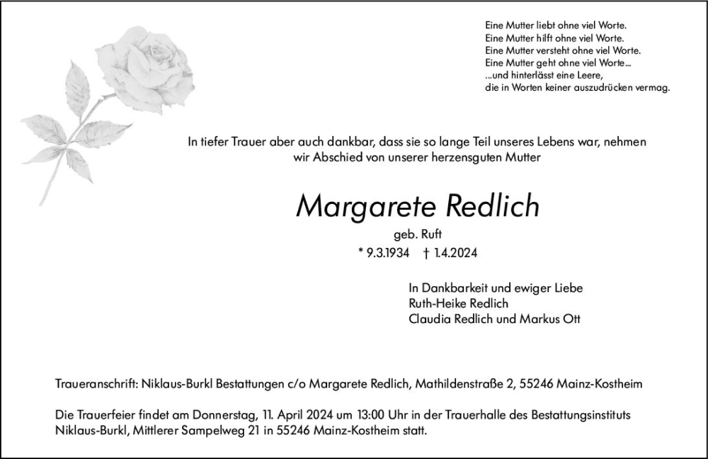  Traueranzeige für Margarete Redlich vom 06.04.2024 aus Wiesbadener Kurier