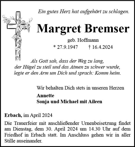 Traueranzeige von Margret Bremser von Camberger Anzeiger