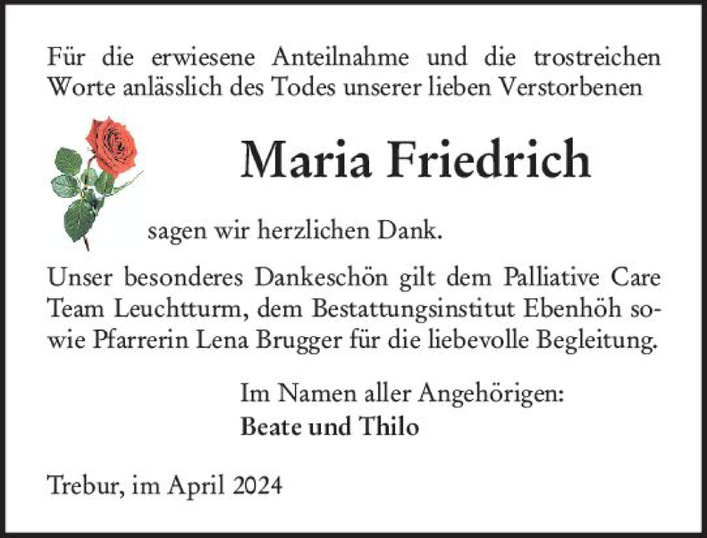  Traueranzeige für Maria Friedrich vom 20.04.2024 aus Groß-Gerauer Echo