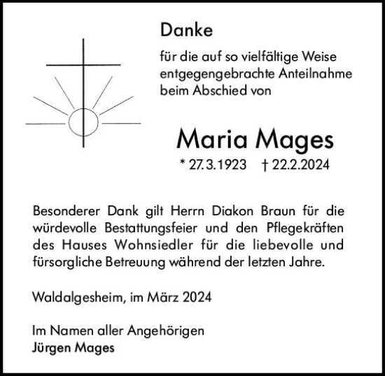 Traueranzeige von Maria Mages von Allgemeine Zeitung Bad Kreuznach