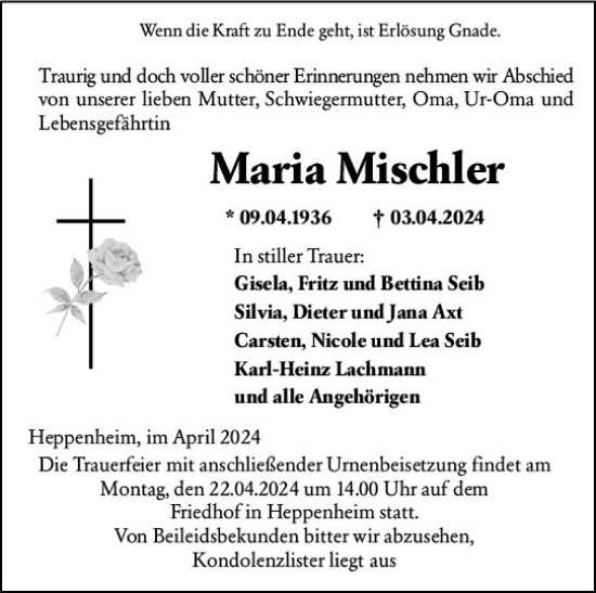 Traueranzeige von Maria Mischler von Darmstädter Echo