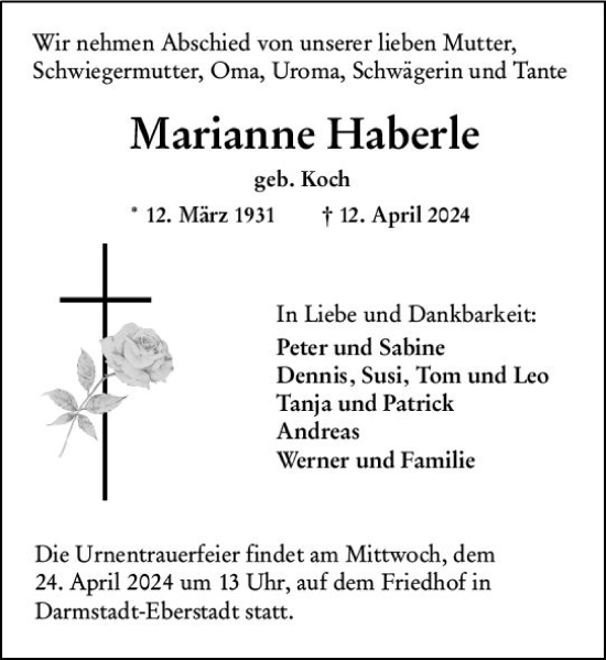 Traueranzeige von Marianne Haberle von Darmstädter Echo