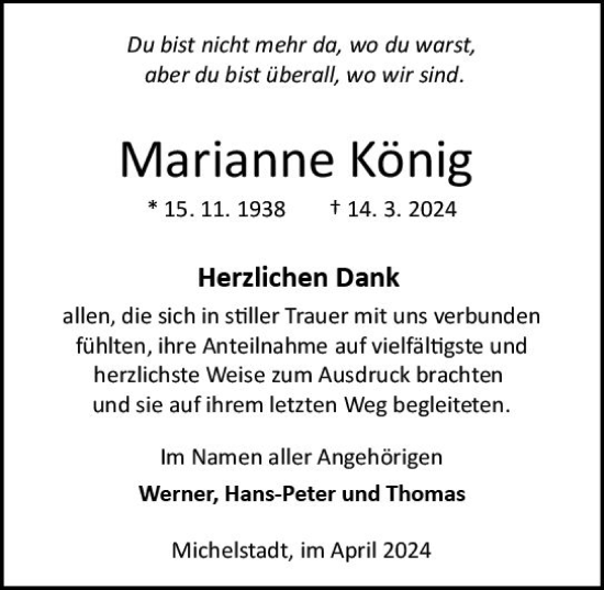 Traueranzeige von Marianne König von Odenwälder Echo
