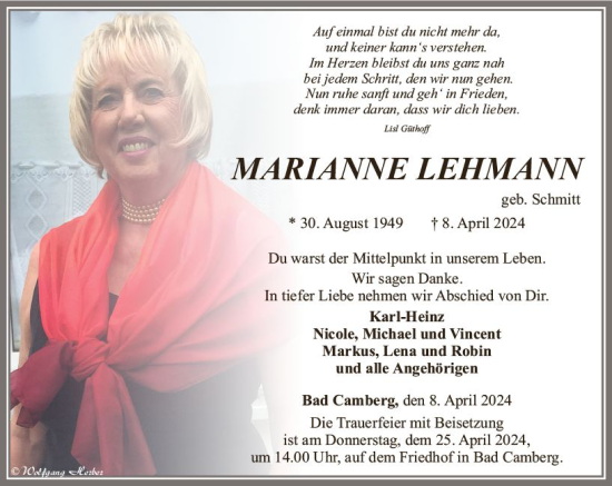 Traueranzeige von Marianne Lehmann von Camberger Anzeiger