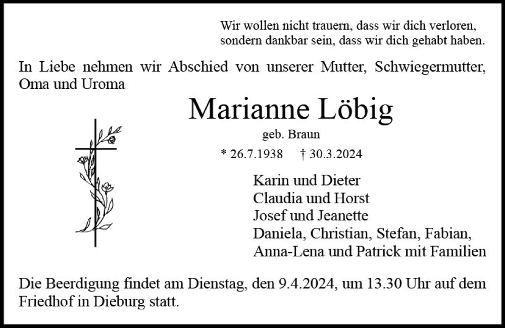  Traueranzeige für Marianne Löbig vom 06.04.2024 aus Dieburger Anzeiger/Groß-Zimmerner Lokal-Anzeiger