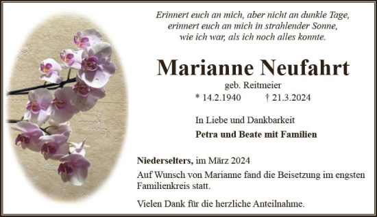 Traueranzeige von Marianne Neufahrt von Camberger Anzeiger