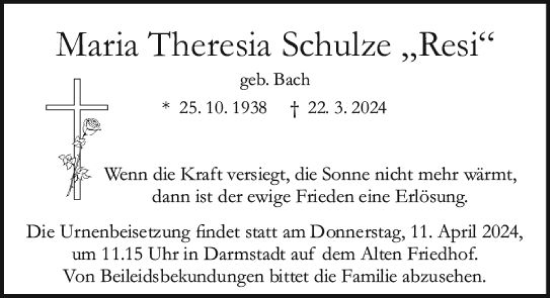 Traueranzeige von Maria Theresia Schulze von Darmstädter Echo