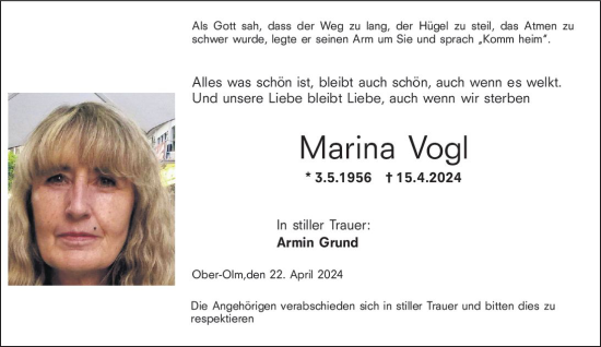 Traueranzeige von Marina Vogl von Allgemeine Zeitung Mainz