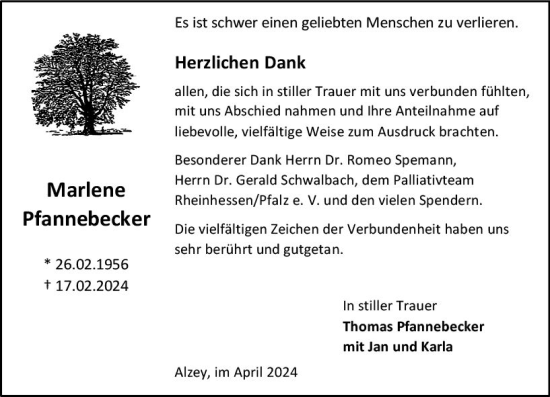 Traueranzeige von Marlene Pfannebecker von Allgemeine Zeitung Alzey