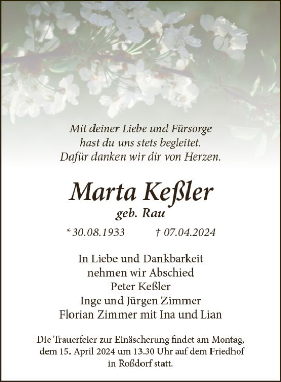 Traueranzeige von Marta Keßler von Darmstädter Echo