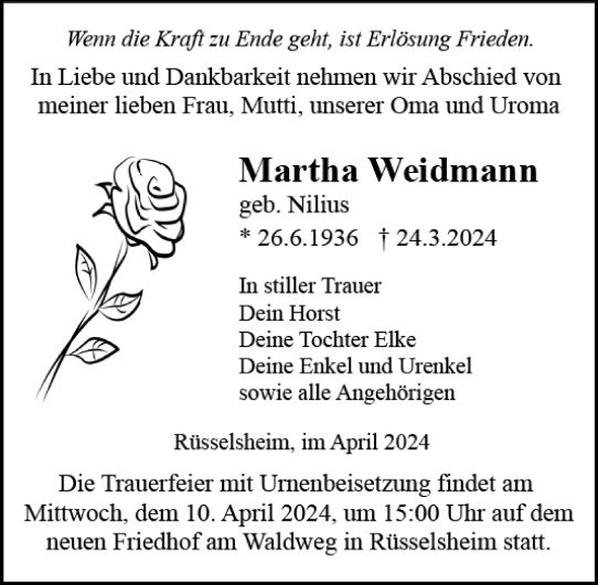 Traueranzeige von Martha Weidmann von Rüsselsheimer Echo