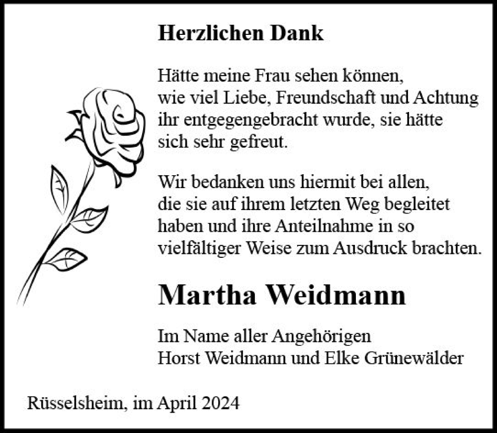  Traueranzeige für Martha Weidmann vom 27.04.2024 aus Rüsselsheimer Echo