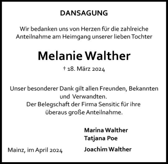 Traueranzeige von Melanie Walther von Allgemeine Zeitung Mainz