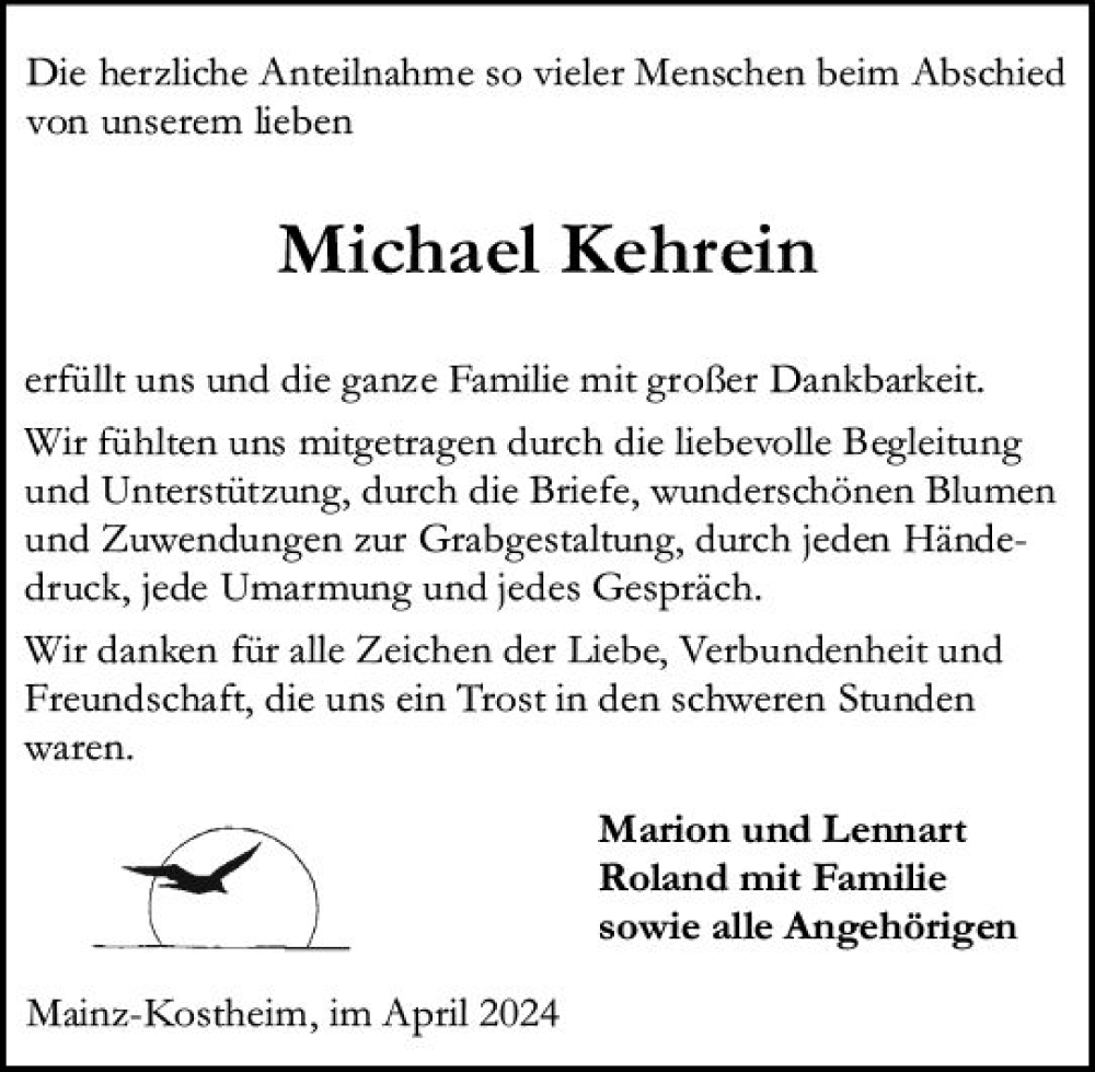  Traueranzeige für Michael Kehrein vom 27.04.2024 aus Allgemeine Zeitung Mainz