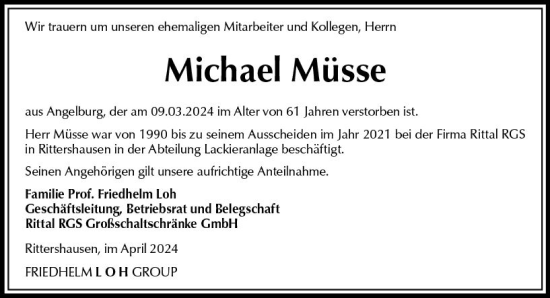 Traueranzeige von Michael Müsse von Hinterländer Anzeiger