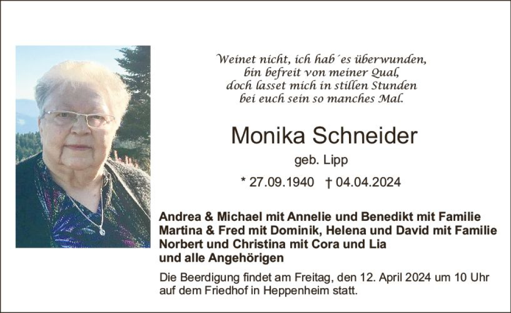  Traueranzeige für Monika Schneider vom 10.04.2024 aus Starkenburger Echo