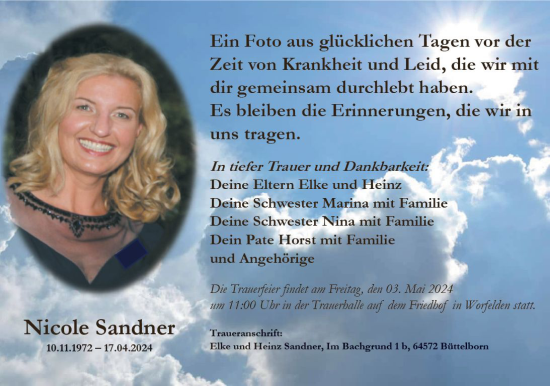 Traueranzeige von Nicole Sandner von Groß-Gerauer Echo