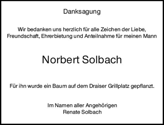 Traueranzeige von Norbert Solbach von Allgemeine Zeitung Mainz