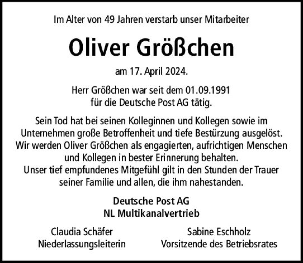  Traueranzeige für Oliver Größchen vom 27.04.2024 aus Nassauische Neue Presse