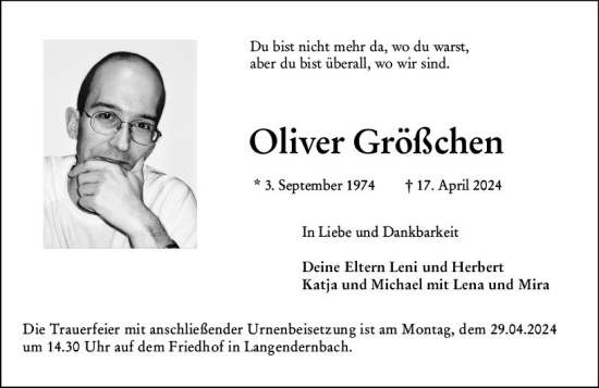 Traueranzeige von Oliver Größchen von Nassauische Neue Presse