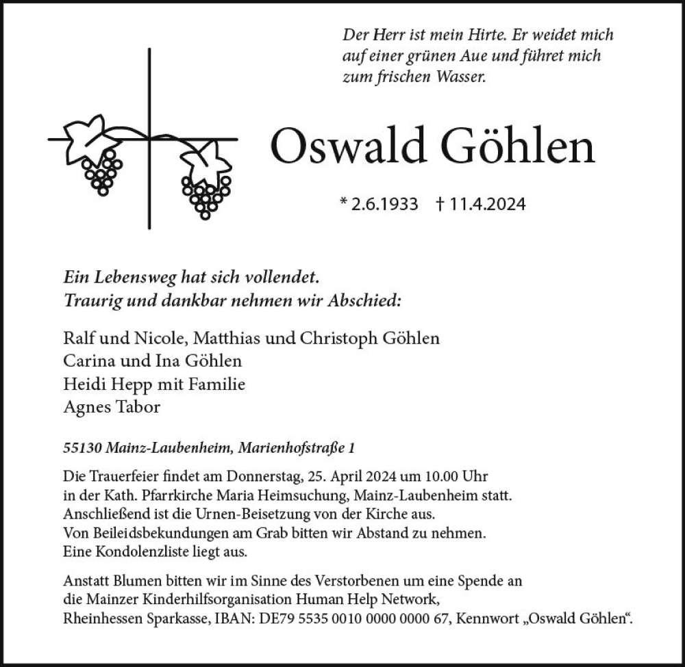  Traueranzeige für Oswald Göhlen vom 20.04.2024 aus Allgemeine Zeitung Mainz