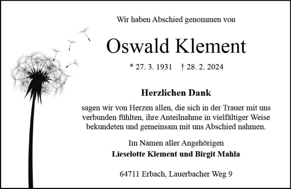  Traueranzeige für Oswald Klement vom 06.04.2024 aus Odenwälder Echo