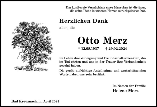 Traueranzeige von Otto Merz von Allgemeine Zeitung Bad Kreuznach